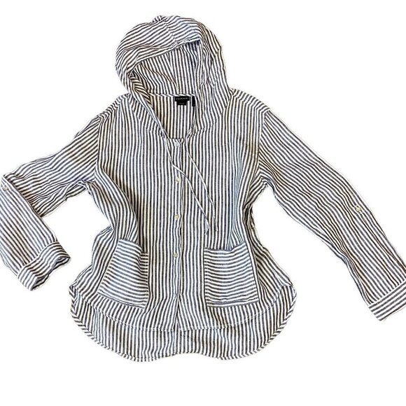 Tahari 100% Linen Button Up Hooded Overshirt Top Sz M Blue & White 290E - Picture 1 of 7